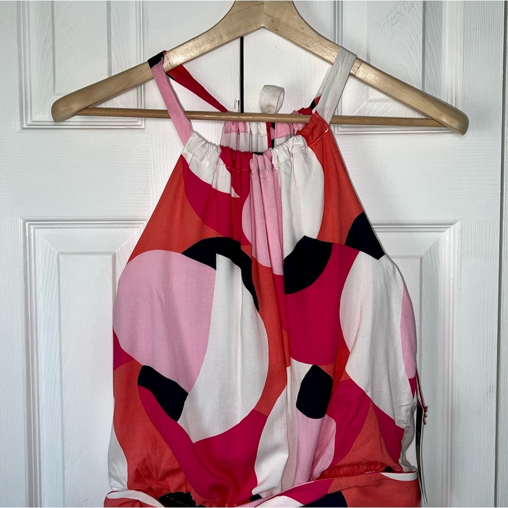 NWT Nordstrom Gibson belted halter romper, bright geometric print Sz M(8/10) - Picture 3 of 14
